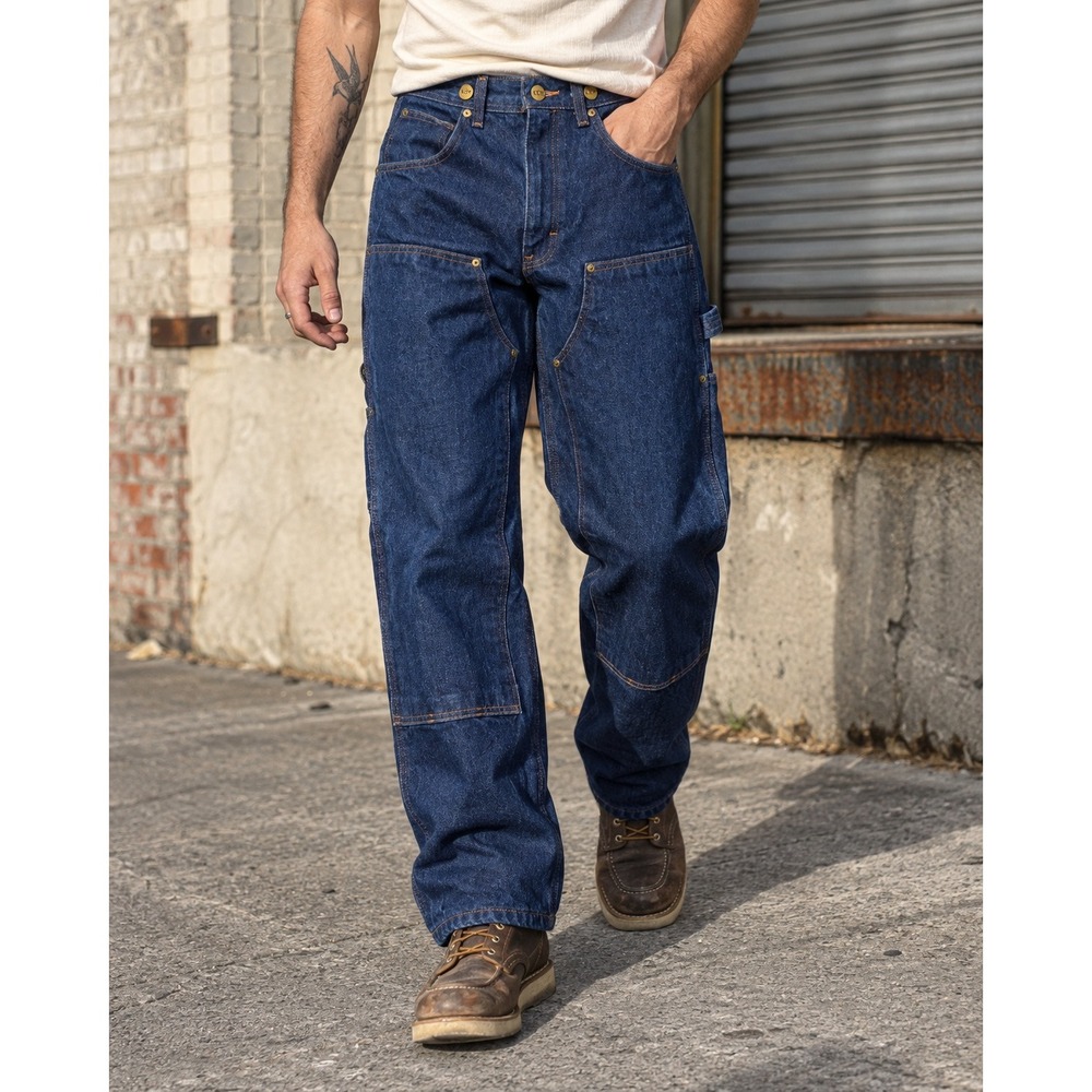 Vintage 90s KEY Double Knee Carpenter Jeans Suspender Buttons Indigo 30x30
